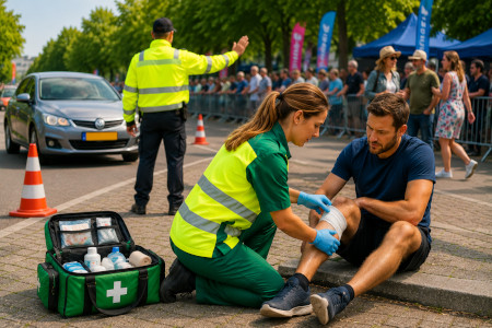Verkeersregelaars en EHBO'ers bij een evenement.
