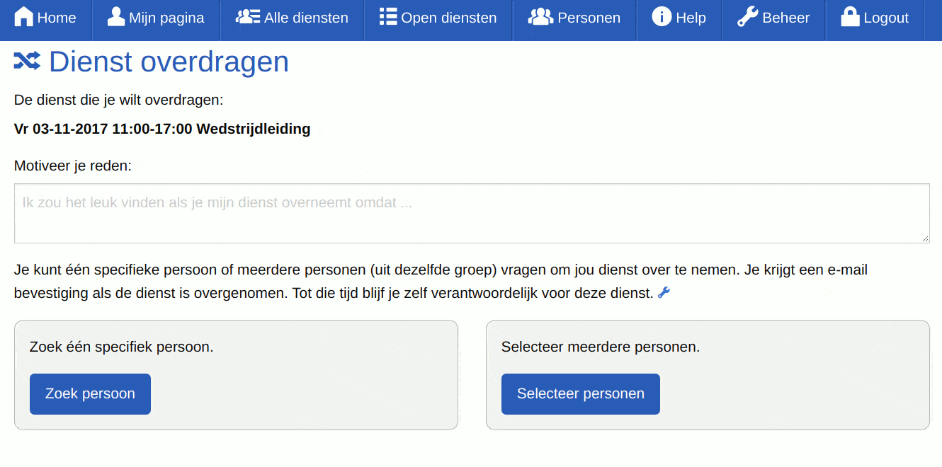 Screenshot - Dienst overdragen